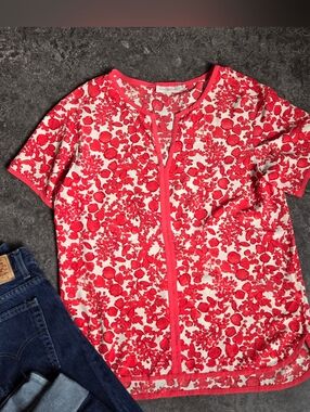 Tory BurchSILK Coral Cream V Neck Blouse Short Sleeve Top Tshirt Tunic EUC S/M 8